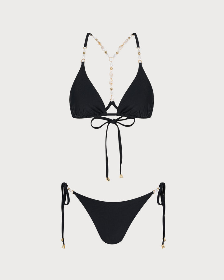 Conjunto de Bikini Triangular con Rhinestones Negro