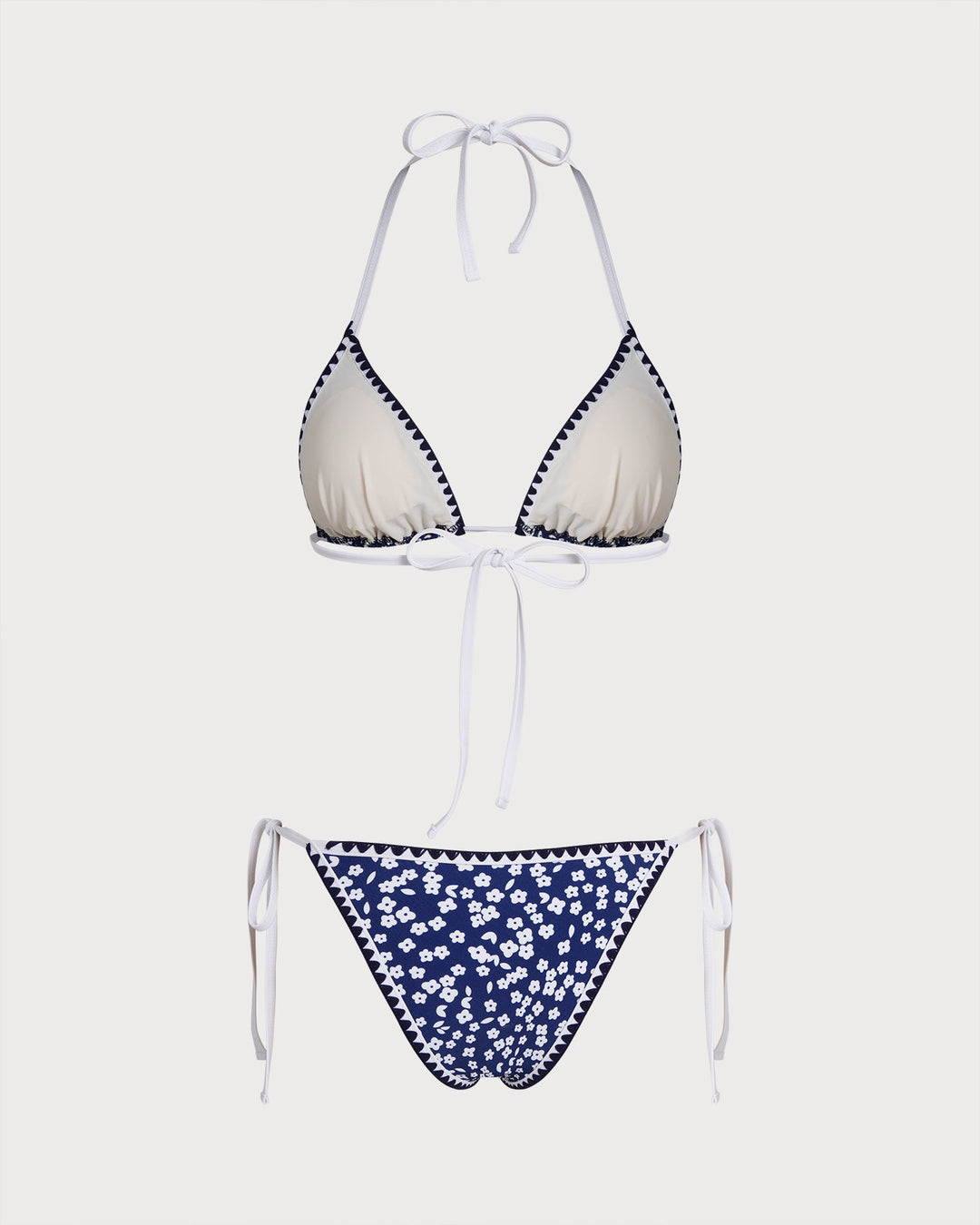 Conjunto de Bikini Triangular Floral con Halter Azul