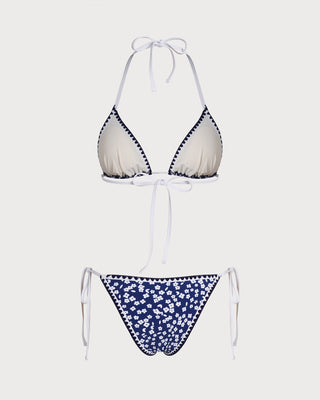 Conjunto de Bikini Triangular Floral con Halter Azul