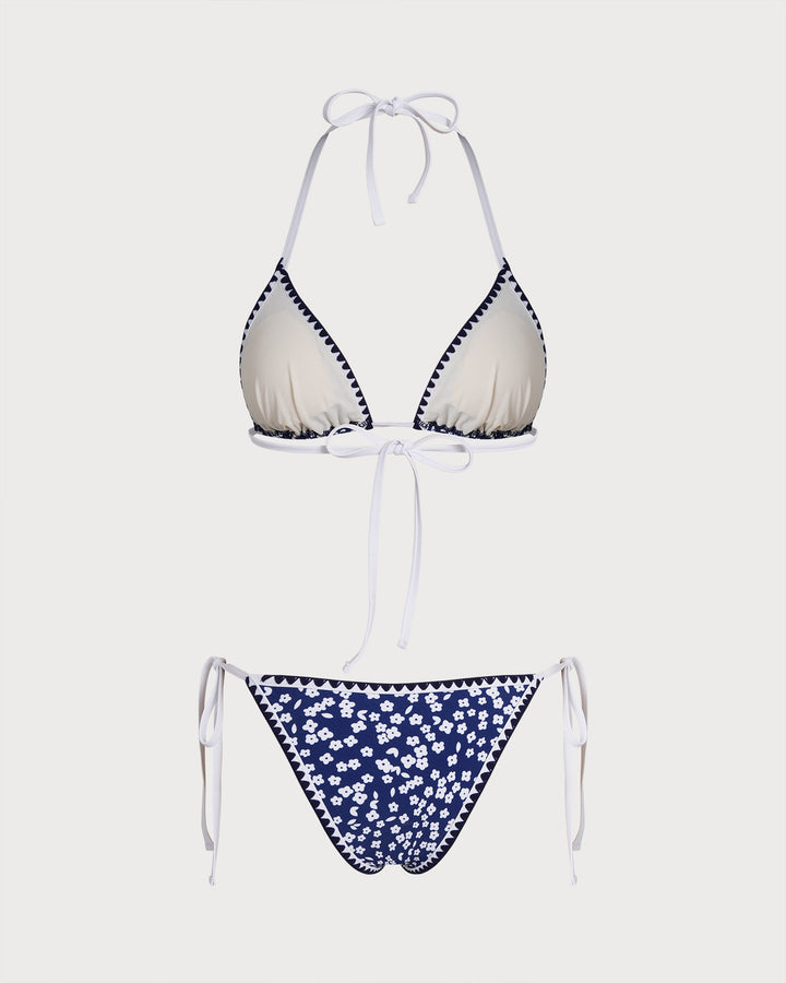 Conjunto de Bikini Triangular Floral con Halter Azul