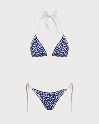 Conjunto de Bikini Triangular Floral con Halter Azul