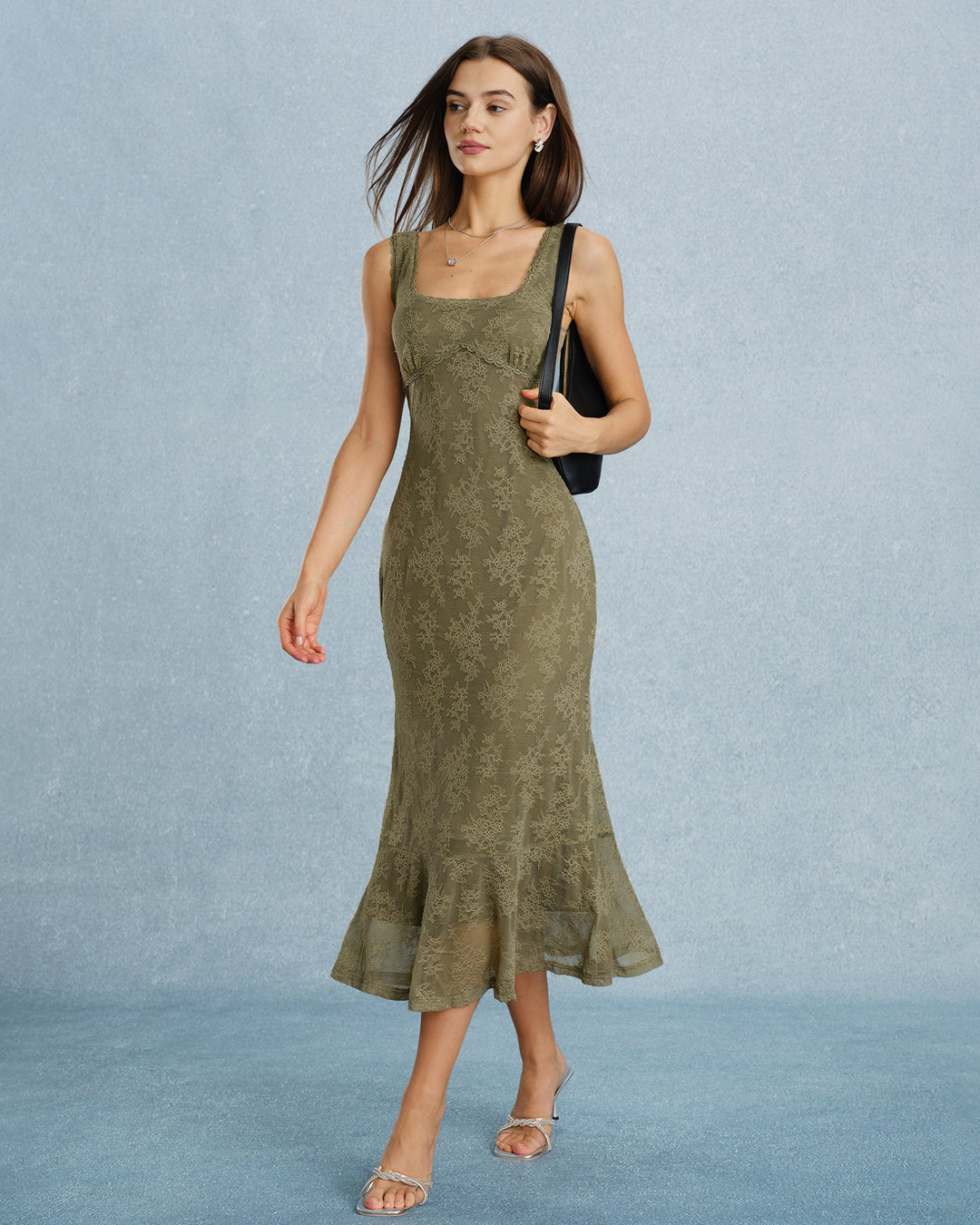 Vestido Midi Floral de Encaje con Cuello Cuadrado Verde