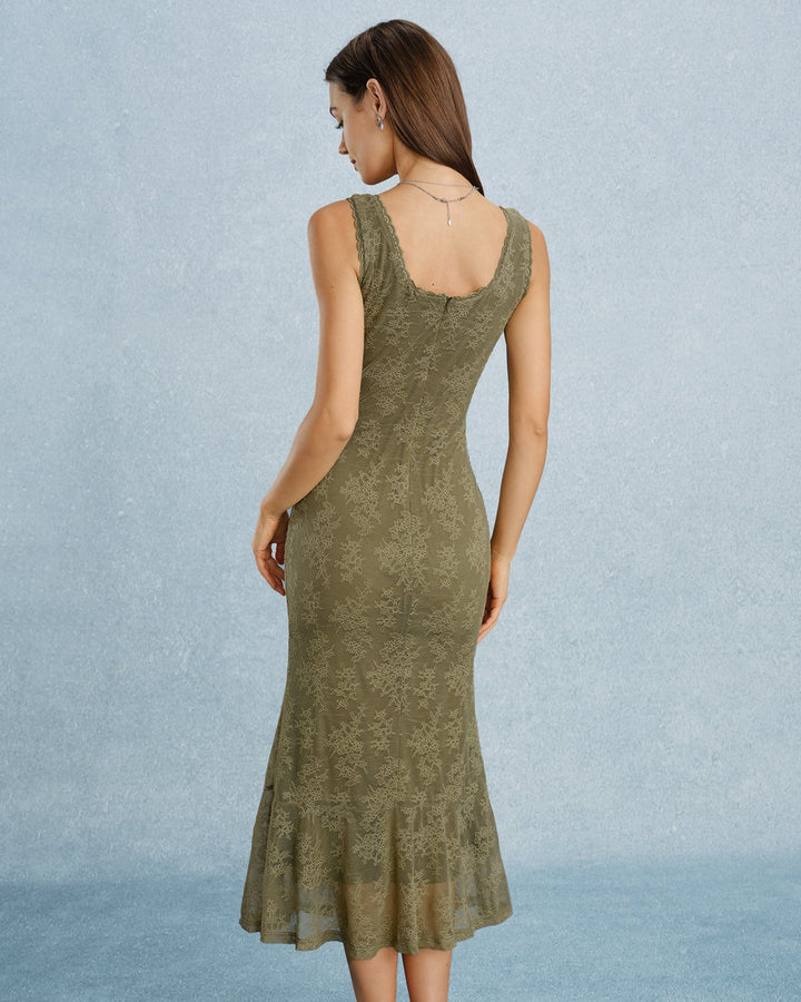 Vestido Midi Floral de Encaje con Cuello Cuadrado Verde