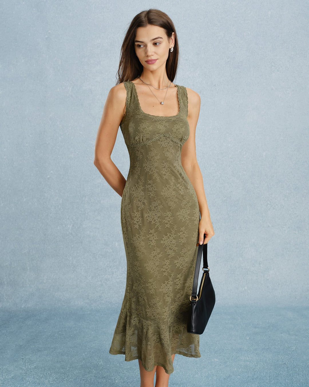 Vestido Midi Floral de Encaje con Cuello Cuadrado Verde