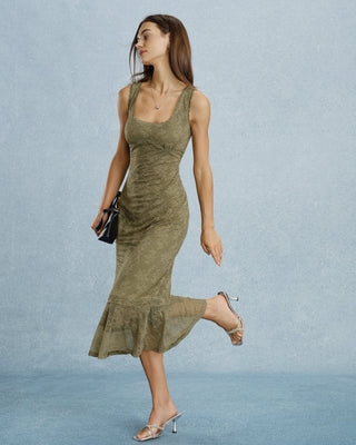 Vestido Midi Floral de Encaje con Cuello Cuadrado Verde