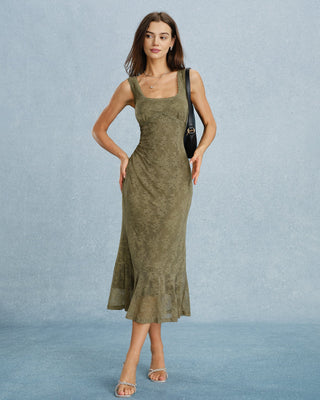 Vestido Midi Floral de Encaje con Cuello Cuadrado Verde