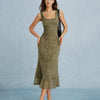 Vestido Midi Floral de Encaje con Cuello Cuadrado Verde