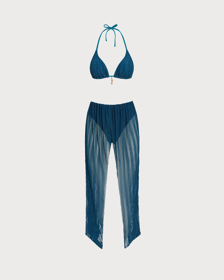 Conjunto de Bikini con Tirantes y Lentejuelas en Azul