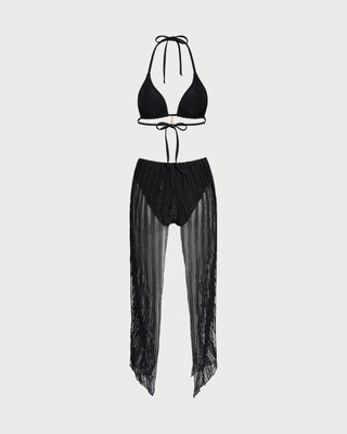Conjunto de Bikini Triangular con Tiras y Cierre Ajustable Negro