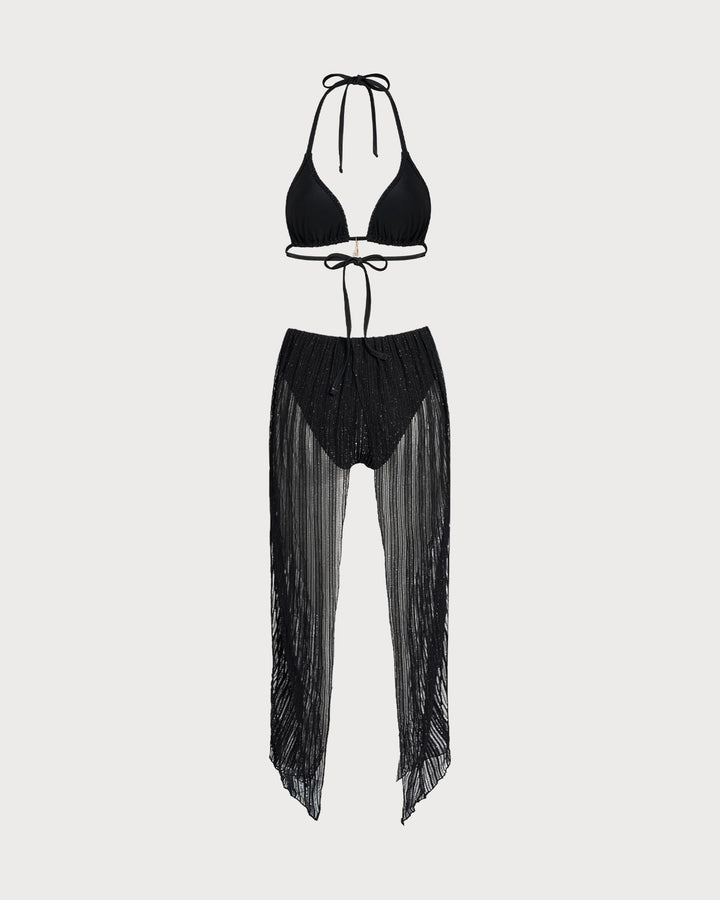 Conjunto de Bikini Triangular con Tiras y Cierre Ajustable Negro