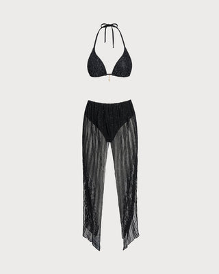 Conjunto de Bikini Triangular con Tiras y Cierre Ajustable Negro