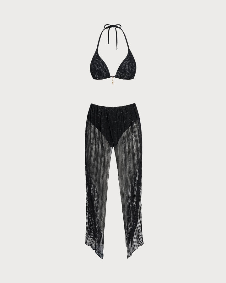 Conjunto de Bikini Triangular con Tiras y Cierre Ajustable Negro
