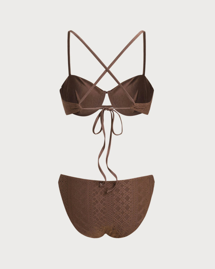 Conjunto de Bikini Texturizado Marrón con Aros