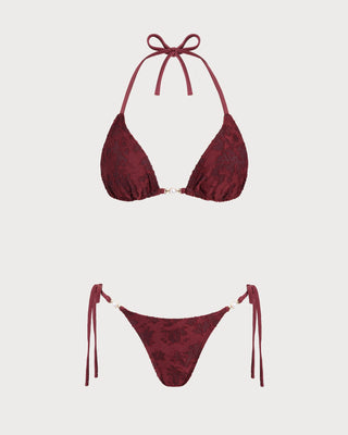 Conjunto de Bikini Texturizado con Halter Color Rojo Ladrillo