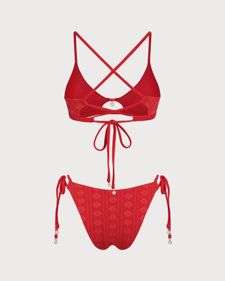 Conjunto de Bikini Texturizado Rojo con Cuello en U