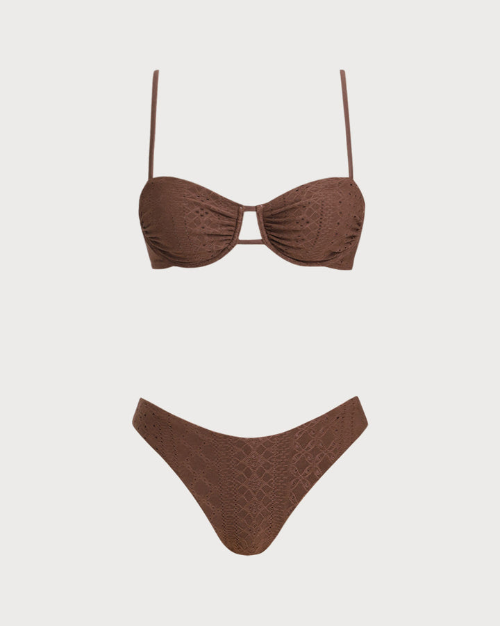 Conjunto de Bikini Texturizado Marrón con Aros
