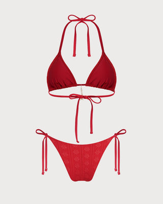 Conjunto de Bikini Rojo Jacquard con Halter y Cordón