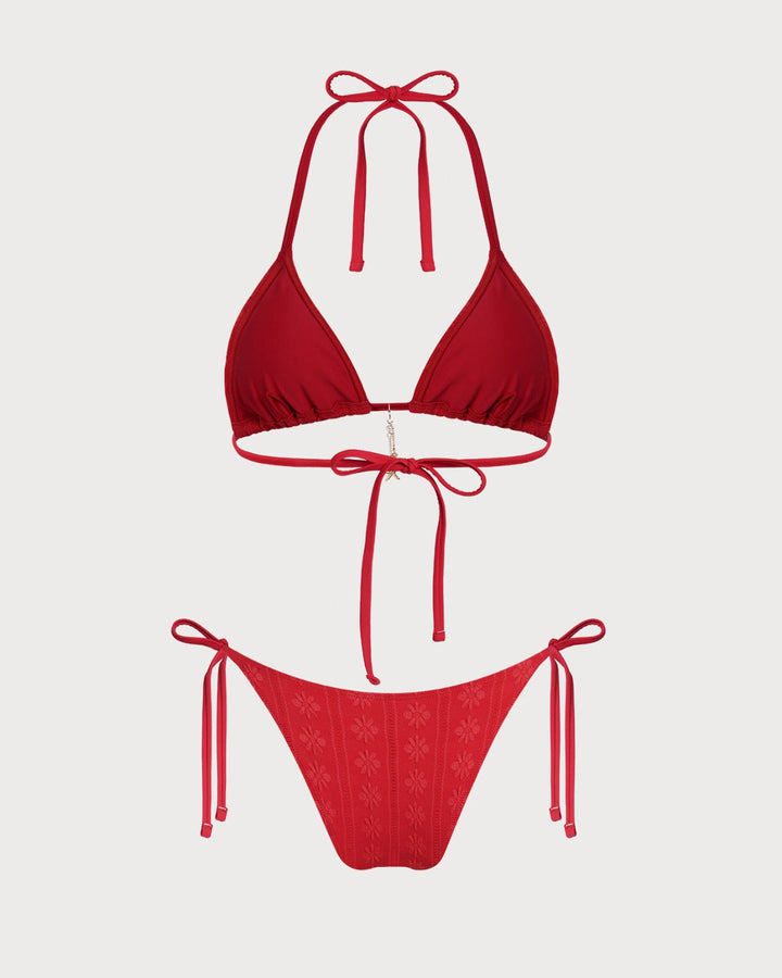 Conjunto de Bikini Rojo Jacquard con Halter y Cordón