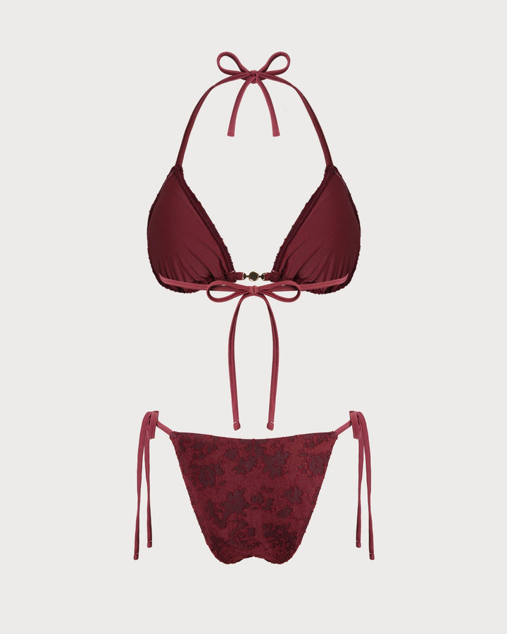 Conjunto de Bikini Texturizado con Halter Color Rojo Ladrillo