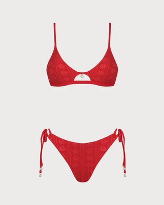 Conjunto de Bikini Texturizado Rojo con Cuello en U