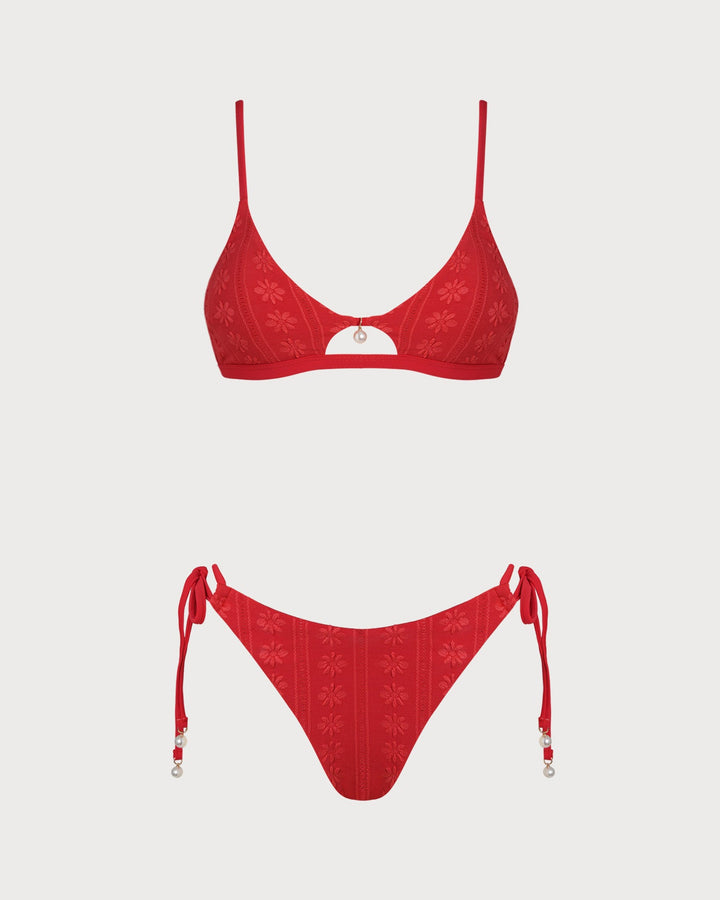 Conjunto de Bikini Texturizado Rojo con Cuello en U