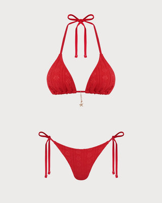 Conjunto de Bikini Rojo Jacquard con Halter y Cordón