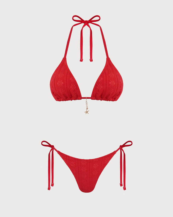 Conjunto de Bikini Rojo Jacquard con Halter y Cordón