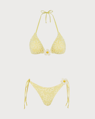 Conjunto de Bikini Texturizado Floral Amarillo con Halter