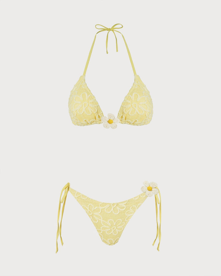 Conjunto de Bikini Texturizado Floral Amarillo con Halter