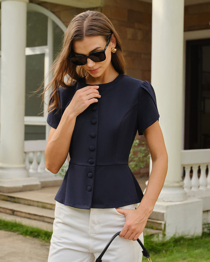 Blusa de Manga de Pétalo con Cuello Redondo en Color Marino