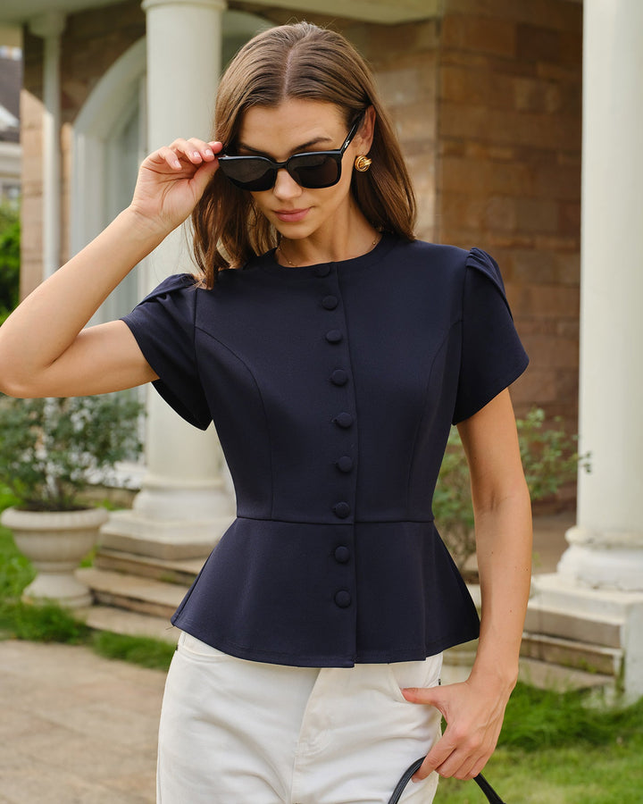 Blusa de Manga de Pétalo con Cuello Redondo en Color Marino
