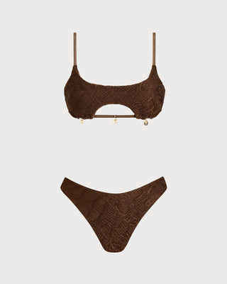 Conjunto de Bikini Bandeau Texturizado de Cuello Cuadrado Café