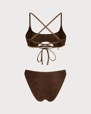 Conjunto de Bikini Bandeau Texturizado de Cuello Cuadrado Café