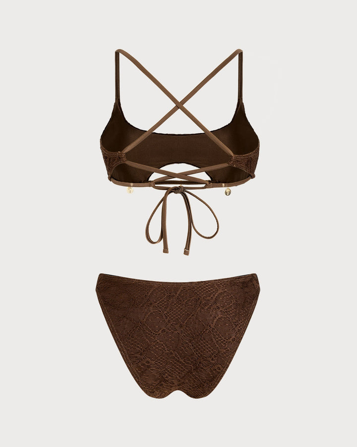Conjunto de Bikini Bandeau Texturizado de Cuello Cuadrado Café