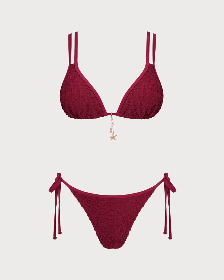 Conjunto de Bikini Triangular Texturizado Color Rojo Vino