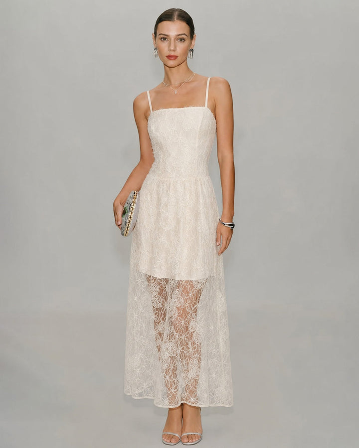 Vestido Maxi de Encaje Sheer en Albaricoque