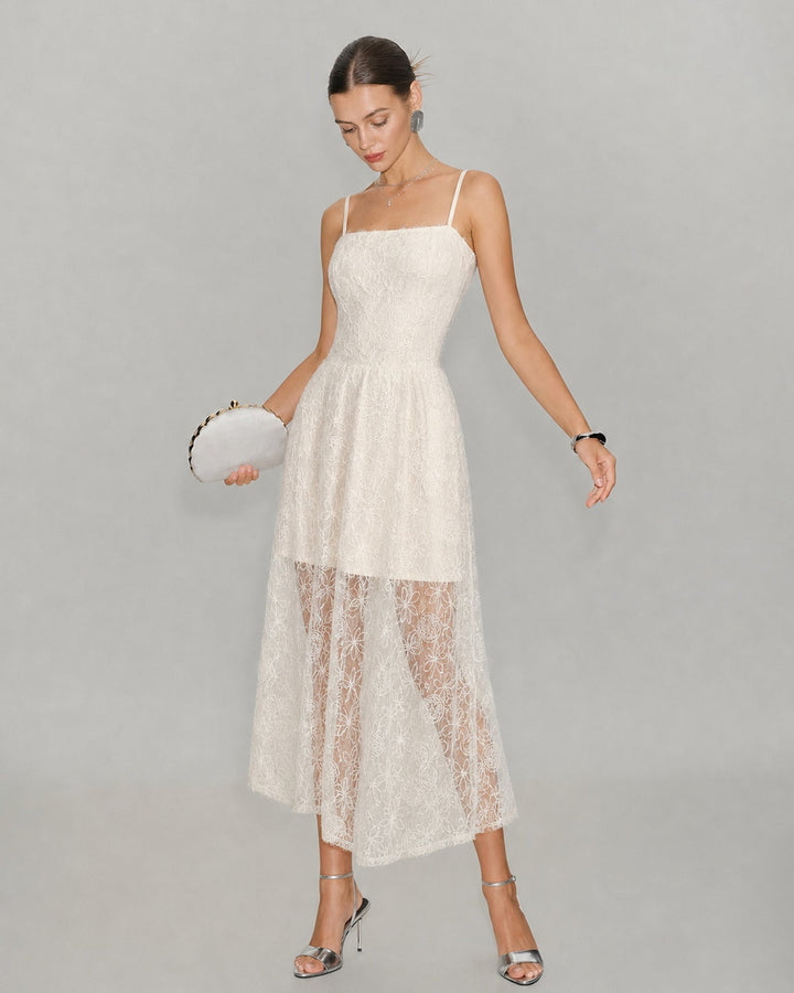 Vestido Maxi de Encaje Sheer en Albaricoque