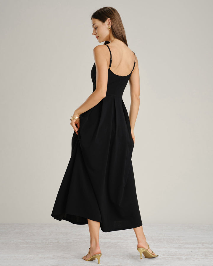 Vestido Maxi A-Line con Fruncidos Negros