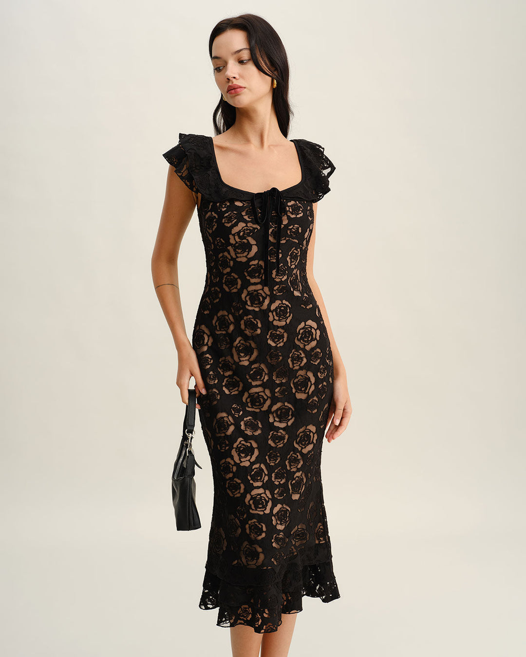 Vestido Midi de Sirena con Volantes Texturizados en Negro