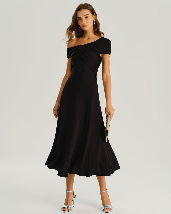 Vestido Midi A-Line de Un Hombro Negro
