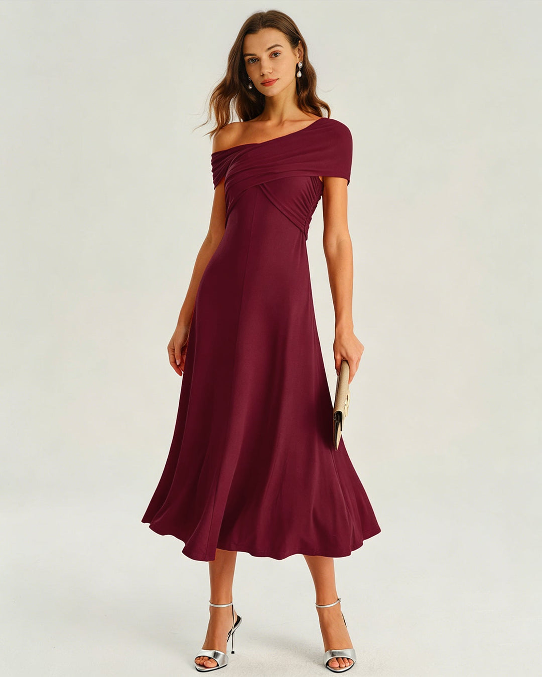 Vestido Midi Arrugado de Un Hombro en Rojo Vino