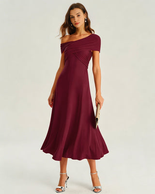 Vestido Midi Arrugado de Un Hombro en Rojo Vino