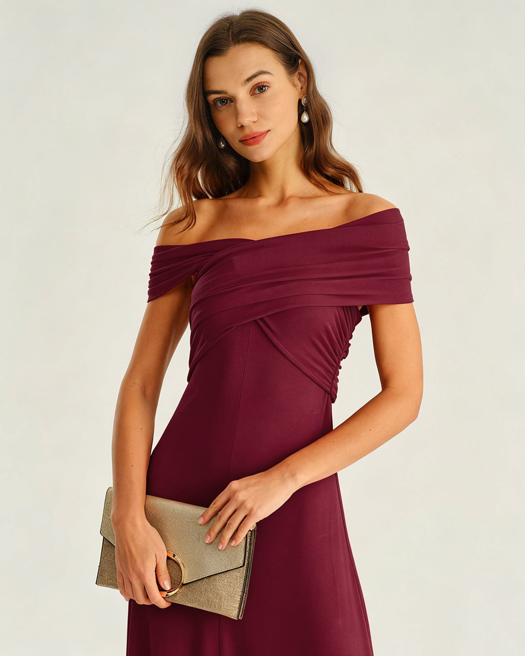 Vestido Midi Arrugado de Un Hombro en Rojo Vino