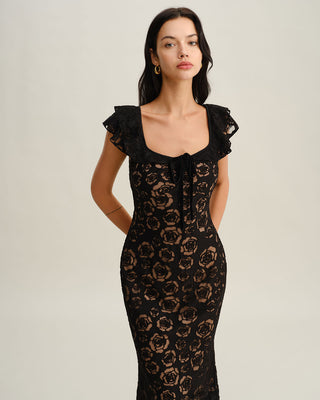 Vestido Midi de Sirena con Volantes Texturizados en Negro