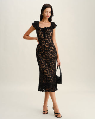 Vestido Midi de Sirena con Volantes Texturizados en Negro