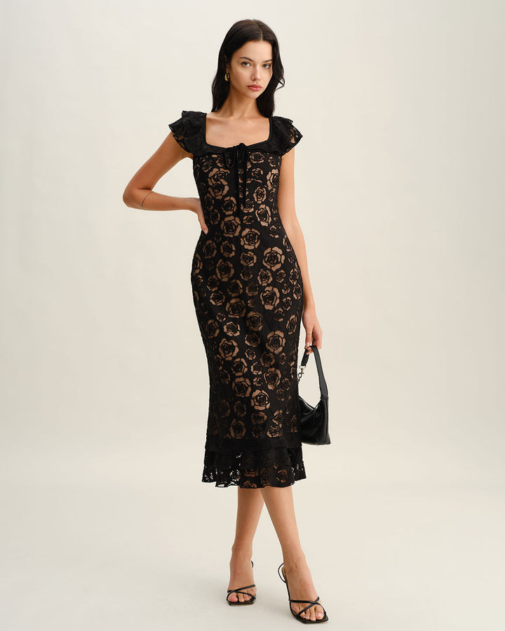 Vestido Midi de Sirena con Volantes Texturizados en Negro