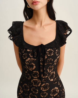 Vestido Midi de Sirena con Volantes Texturizados en Negro