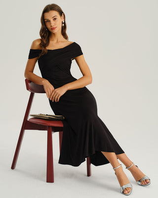 Vestido Midi A-Line de Un Hombro Negro