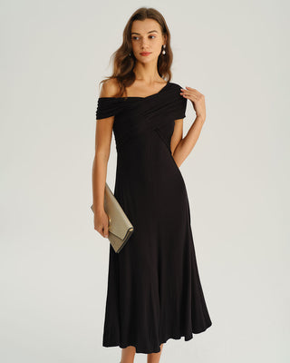 Vestido Midi A-Line de Un Hombro Negro
