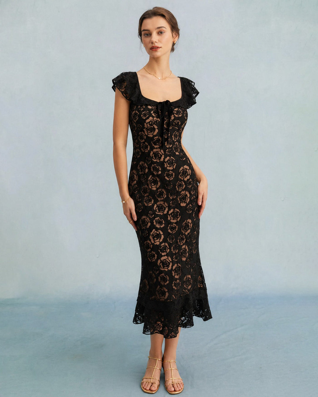 Vestido Midi de Sirena con Volantes Texturizados en Negro